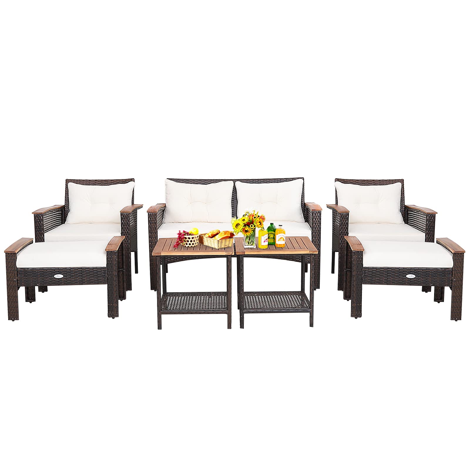 Ensemble de mobilier de patio en osier 7 pièces Tangkula, ensemble de conversation de patio en bois d'acacia Patiojoy (blanc cassé)